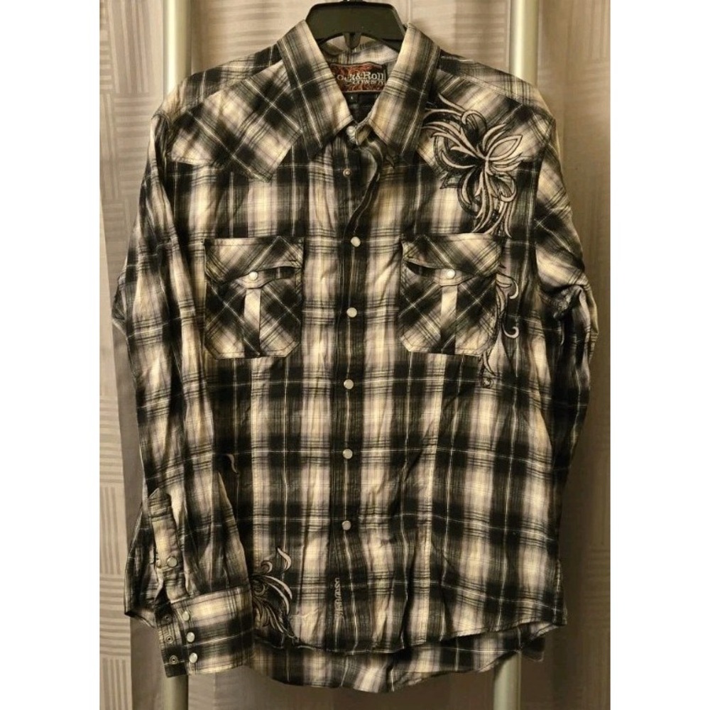 Rock & Roll Cowboy Shirt Mens Size L Plaid Long Sleeve Embroidered Pearl Snap Up